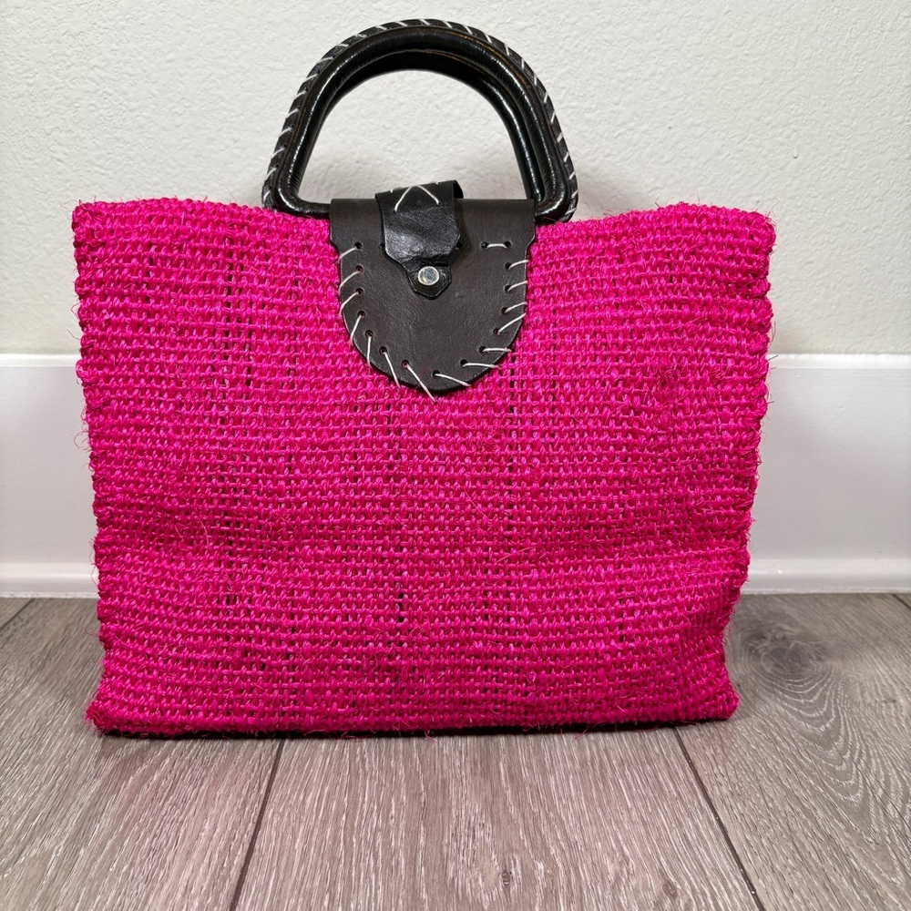 Pink Woven Handbag with Black Floral Accents - Picture 2 of 7